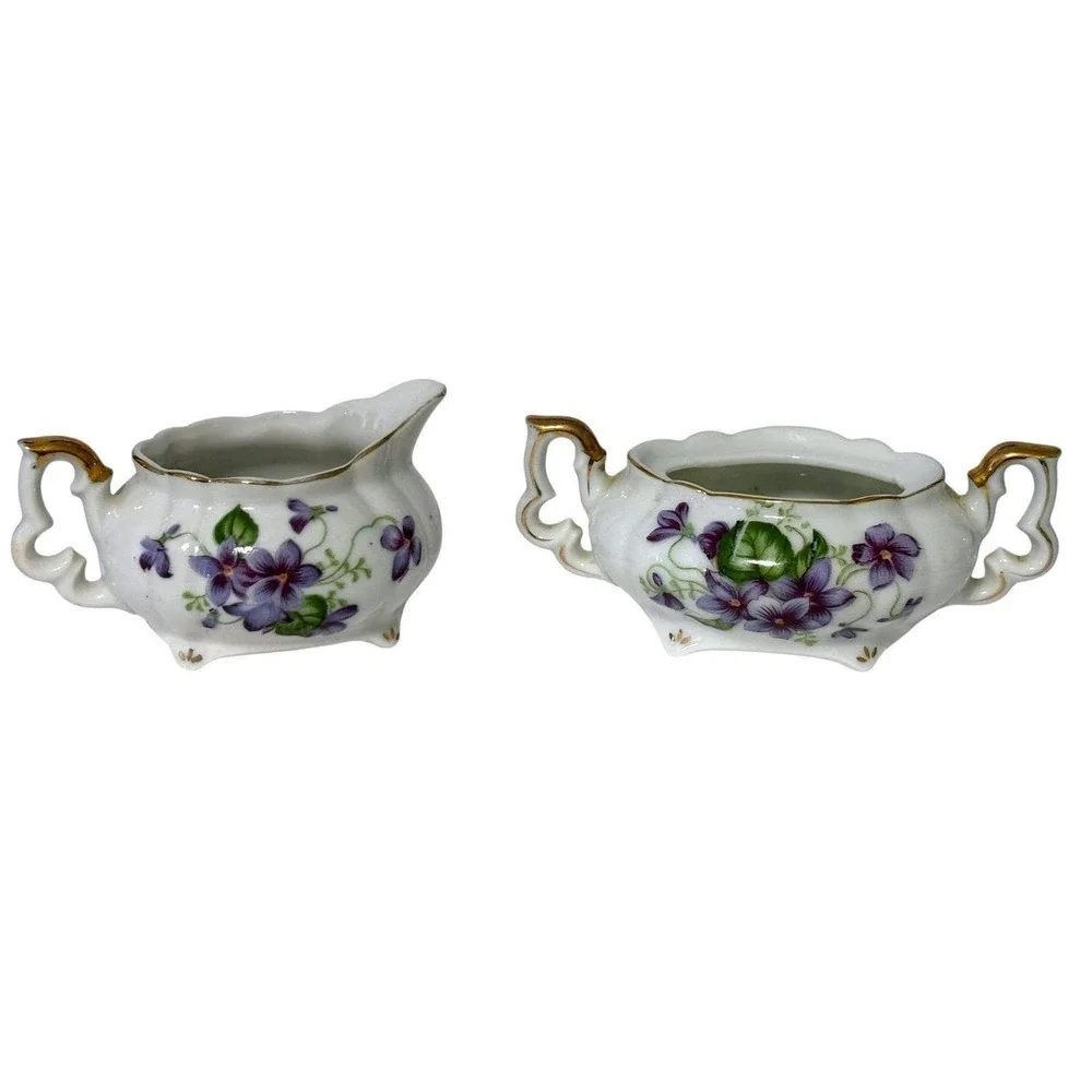 Vintage Porcelain Creamer and Sugar Bowl Set Purple Violets Gold Trim Footed